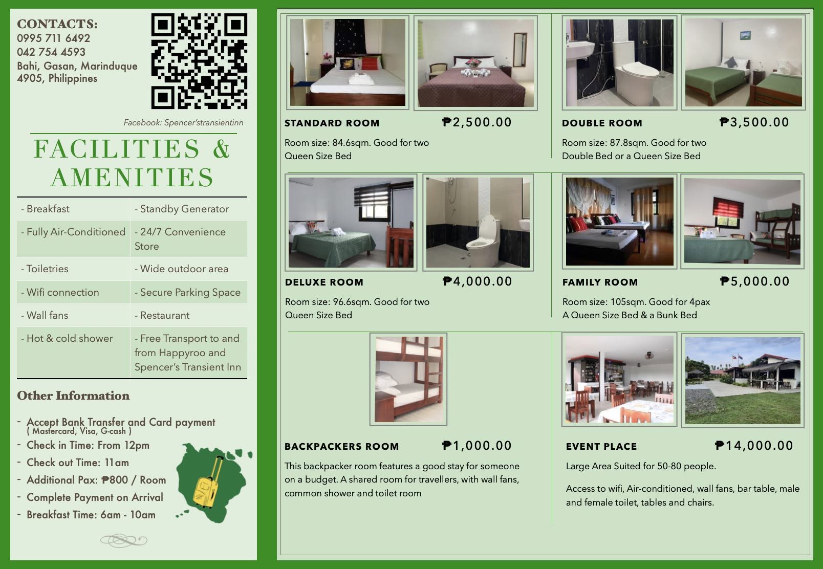 Spencer's Transient Inn room types, facilities, and event space